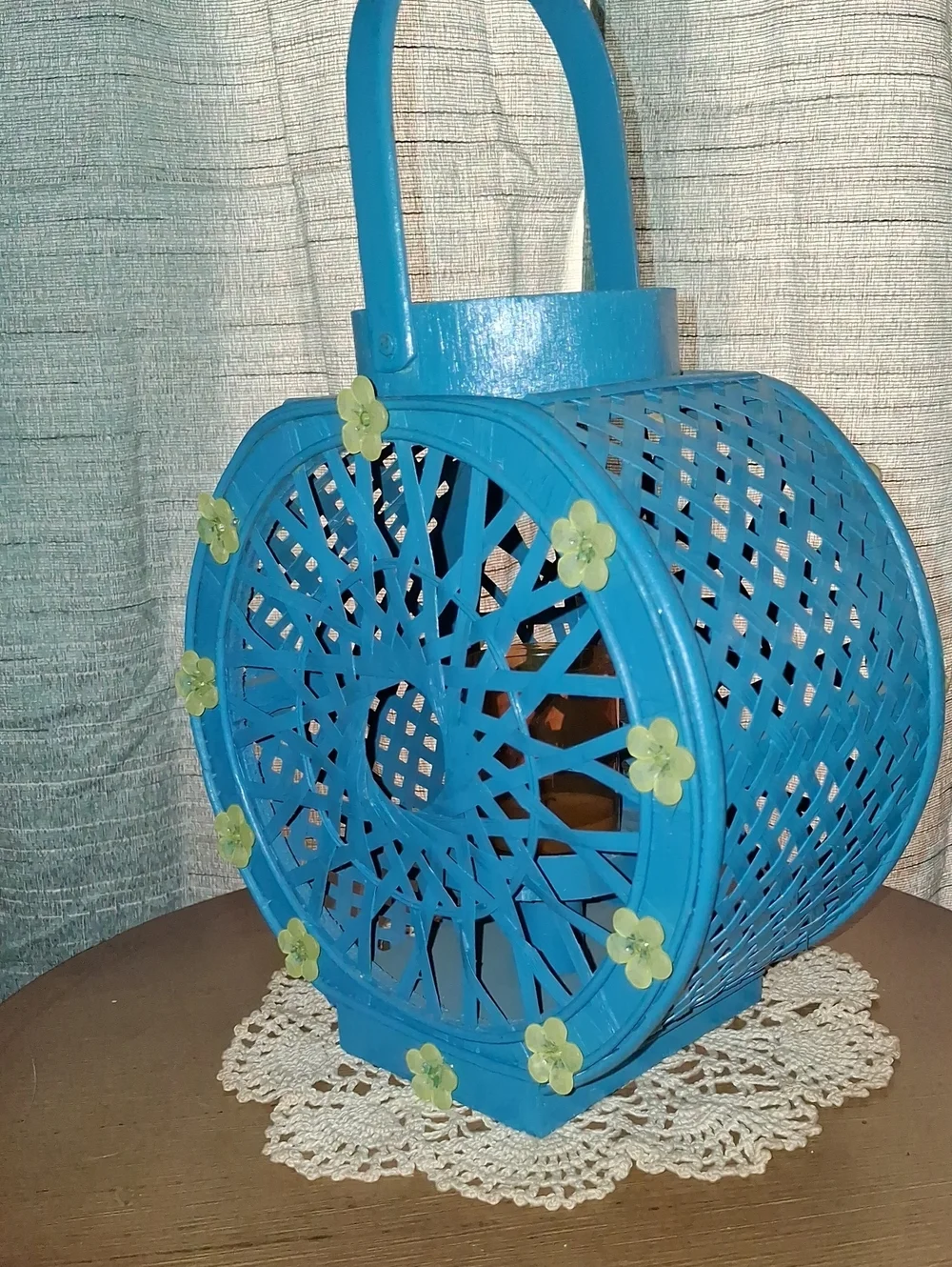 Blue Decorative Round Lantern with Floral Accents